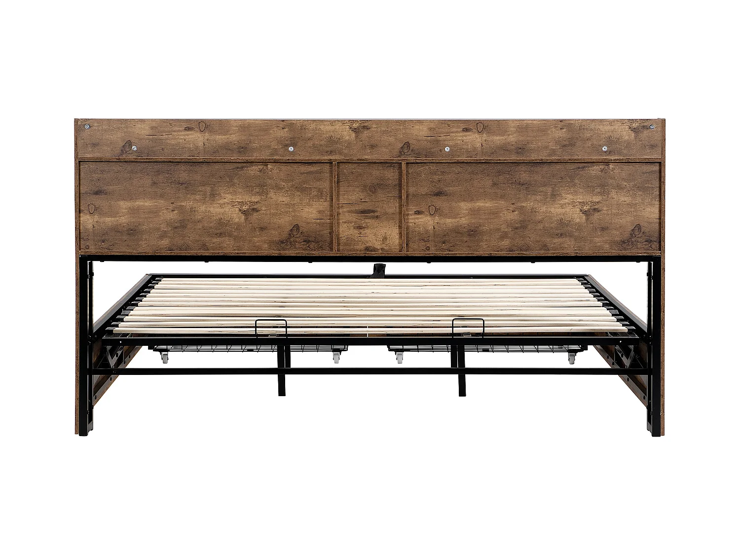 Cama con almacenaje 180x200cm - con cabecero con almacenaje y somier de láminas de metal - Natural oscuro y negro