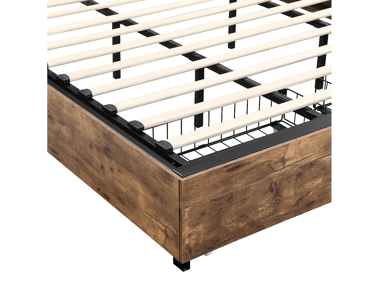 Lit coffre 180x200cm - avec tête de rangement et sommier à lattes en métal - Naturel foncé & Noir