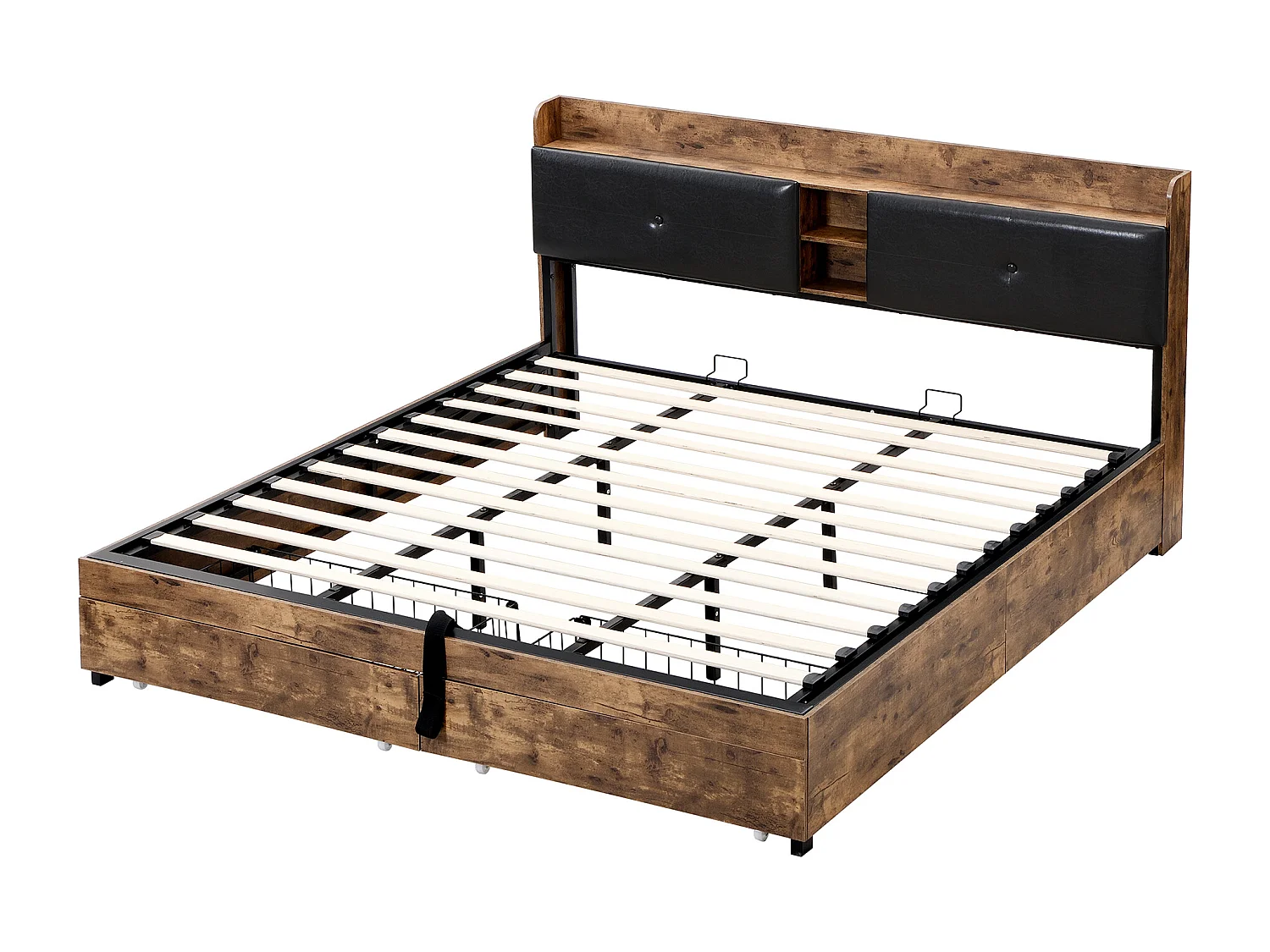 Lit coffre 180x200cm - avec tête de rangement et sommier à lattes en métal - Naturel foncé & Noir