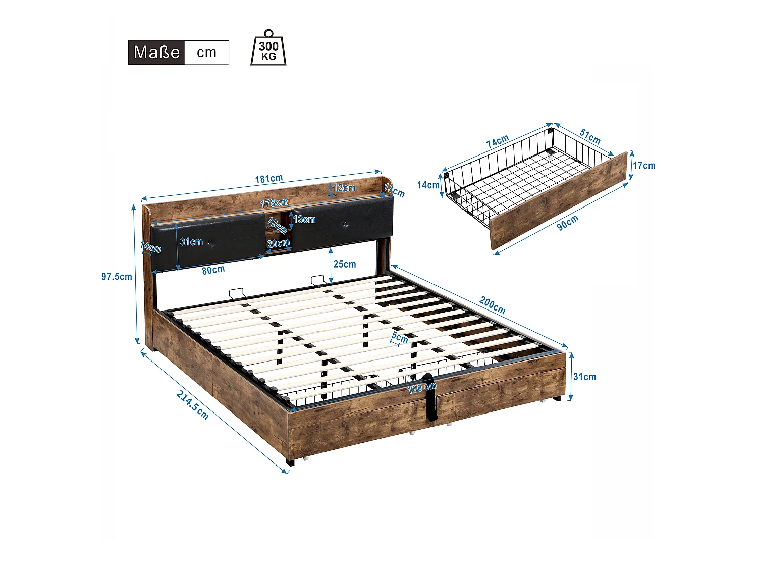 Opbergbed 180x200cm - met opberghoofdeinde en metalen lattenbodem - Donker naturel & Zwart