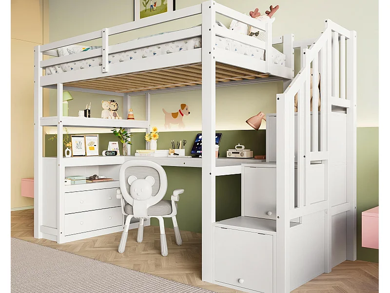 Hochbett 90x200 cm – mit Schreibtisch und Aufbewahrungsleiter – Weiß