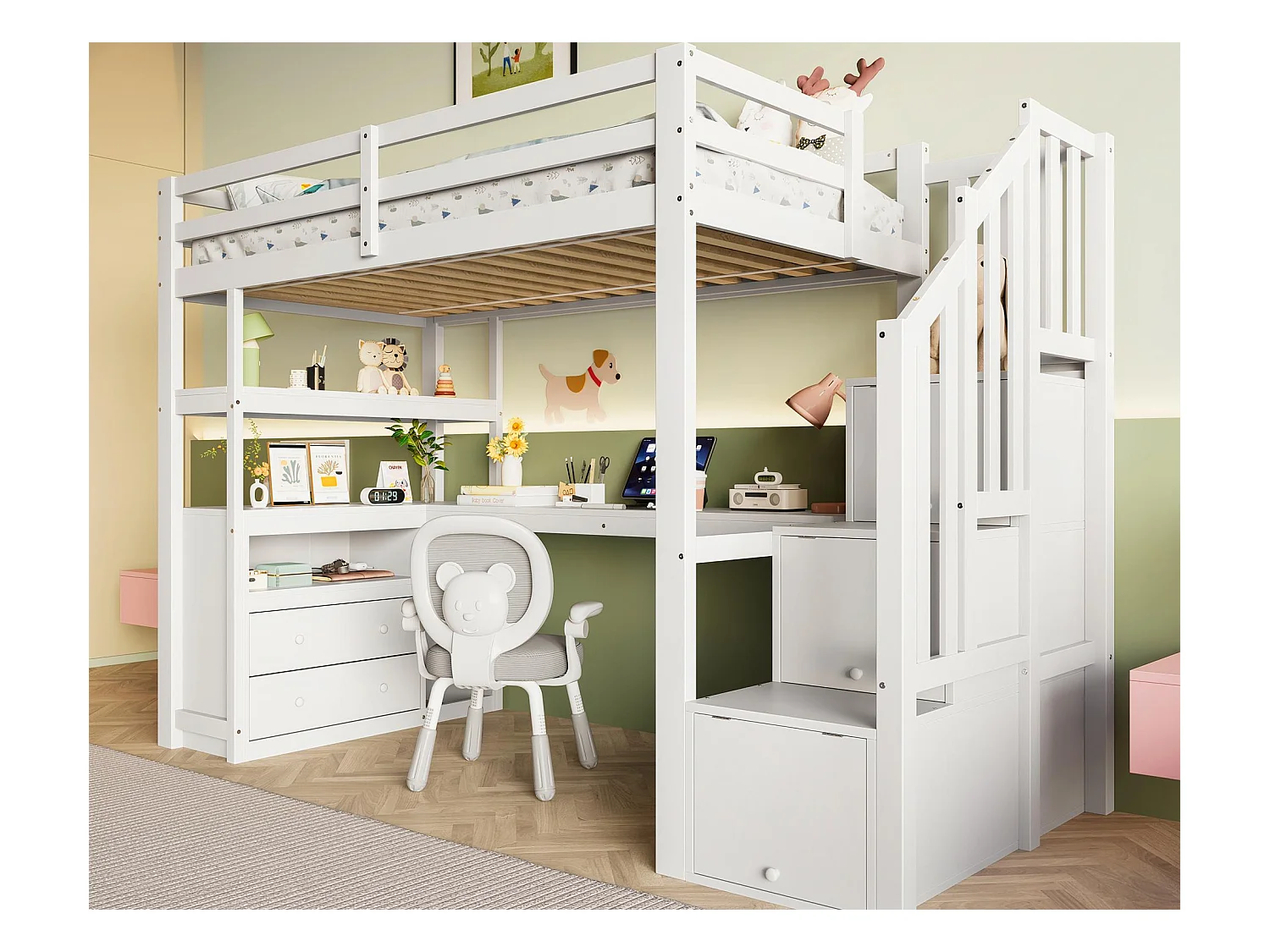 Lit mezzanine 90x200 cm - avec bureau et échelle de rangement - Blanc
