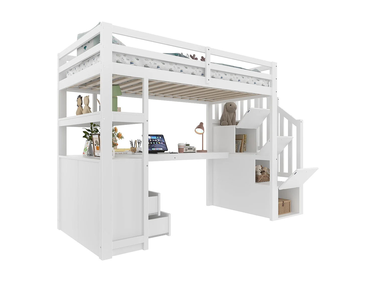 Hoogslaper 90x200 cm - met bureau en opbergladder - Wit