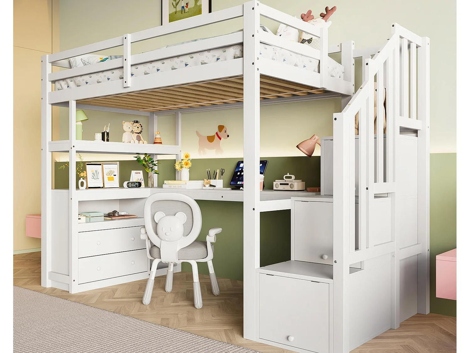 Cama alta 90x200 cm - con escritorio y escalera de almacenamiento - Blanco