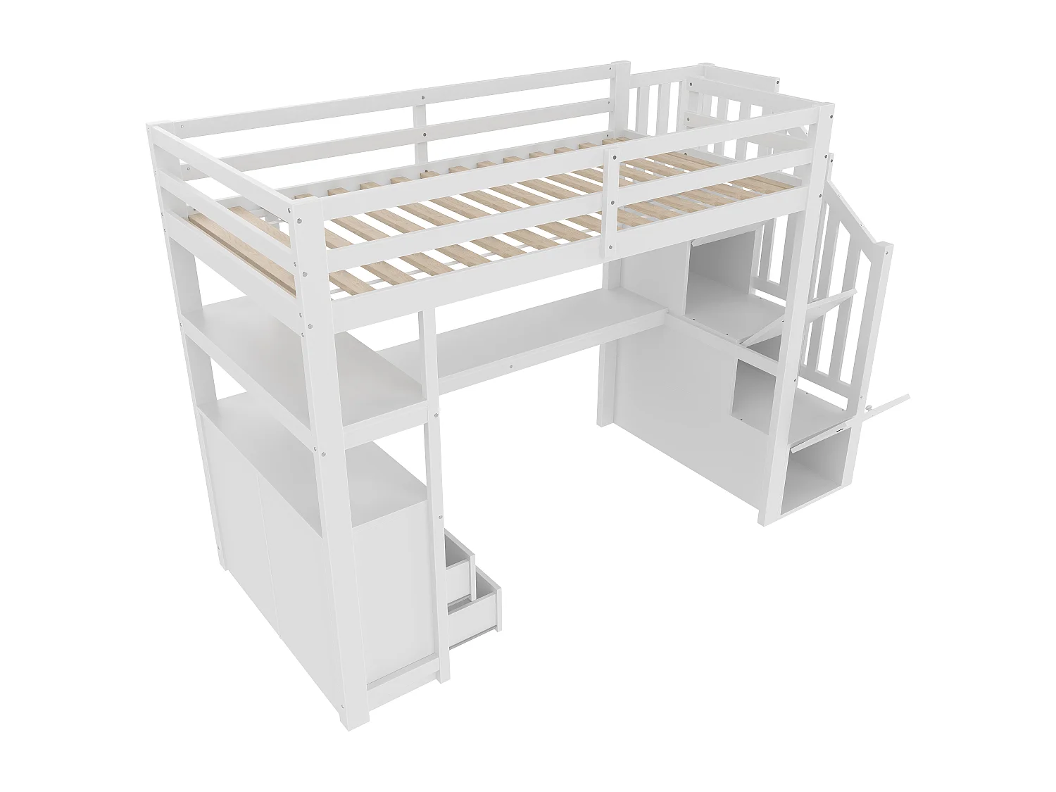 Cama alta 90x200 cm - con escritorio y escalera de almacenamiento - Blanco