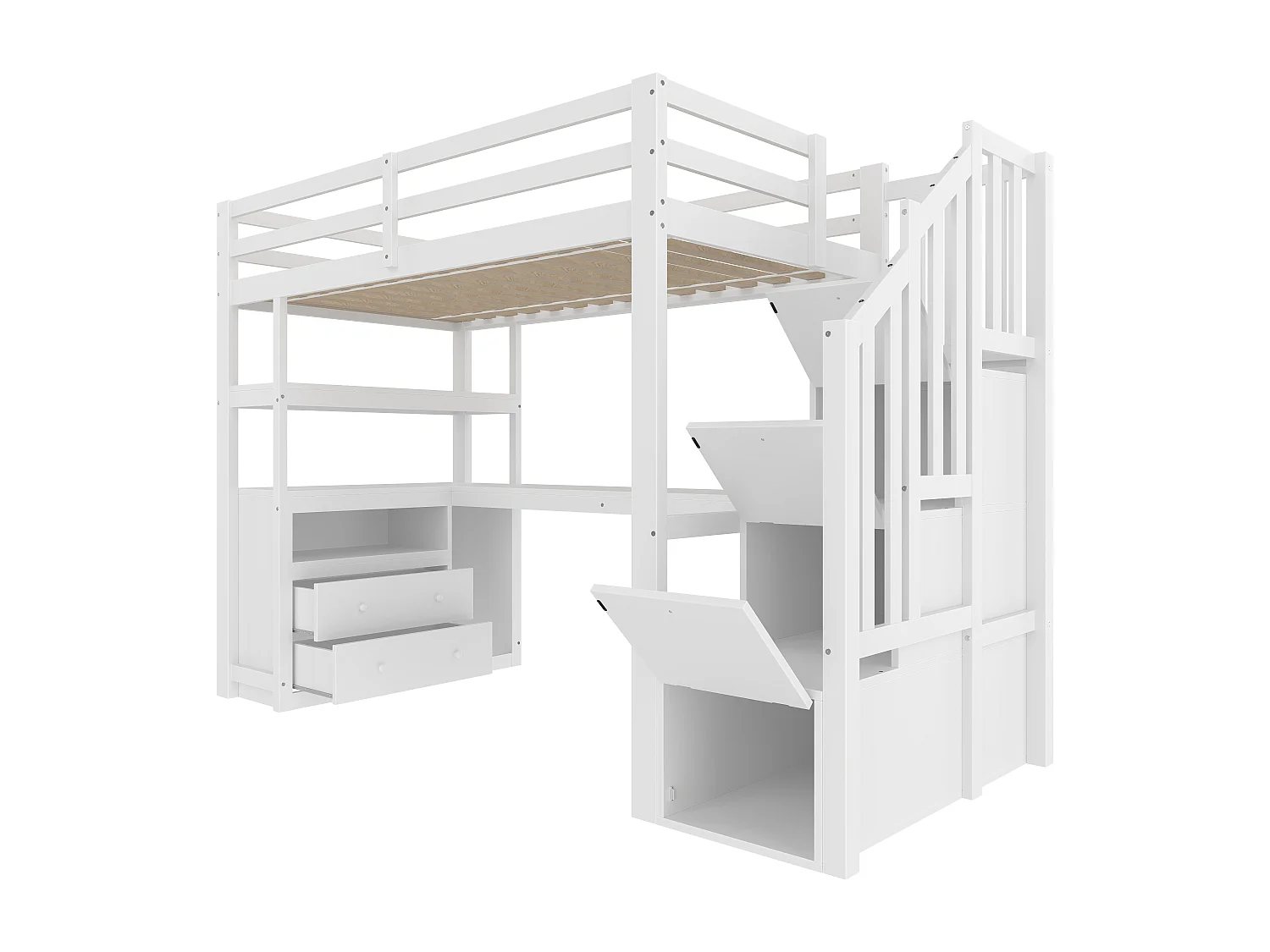 Cama alta 90x200 cm - con escritorio y escalera de almacenamiento - Blanco