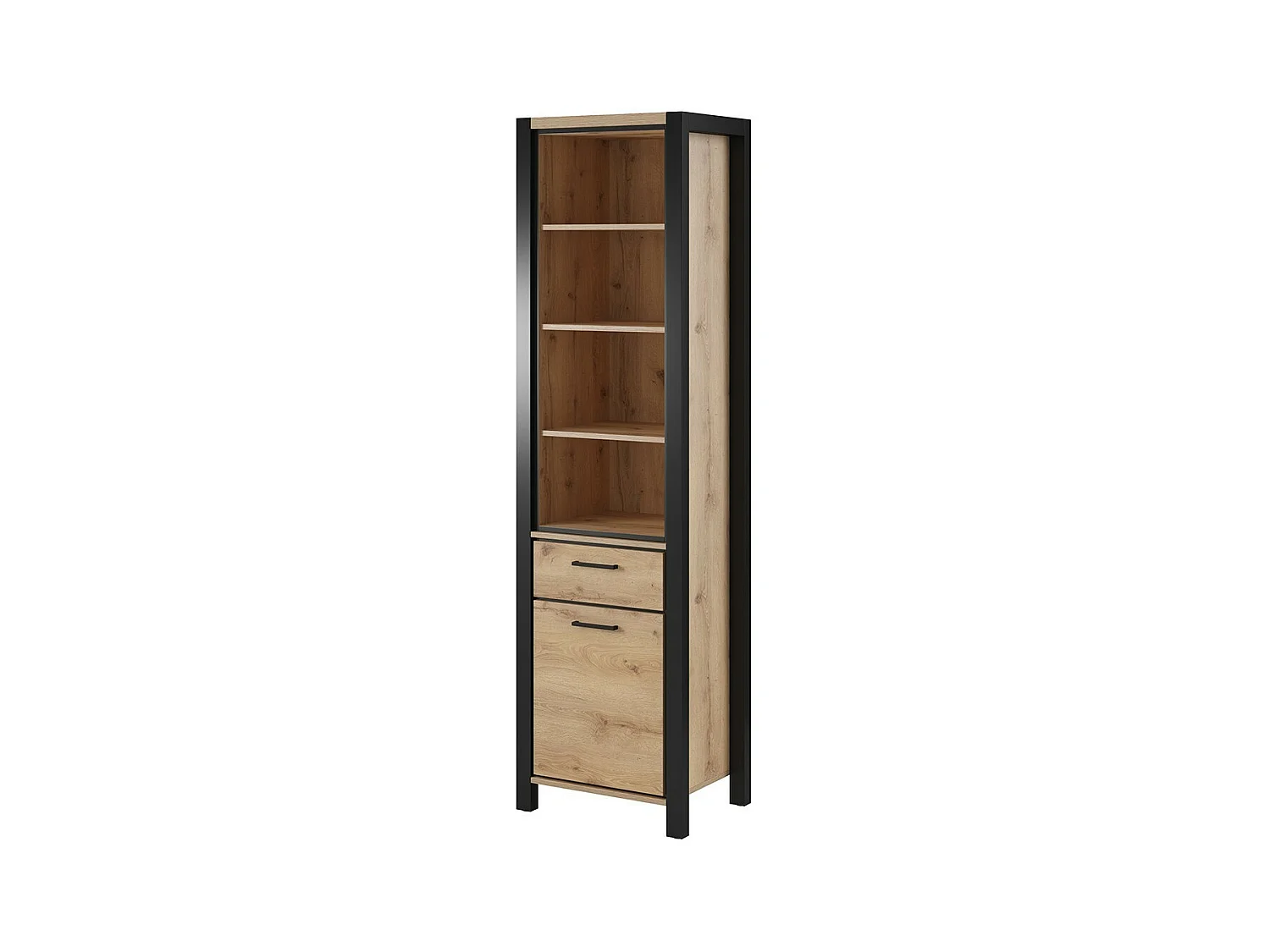 Hoge vitrinekast collectie TIVORA. Kleur eik en zwart. LED inbegrepen