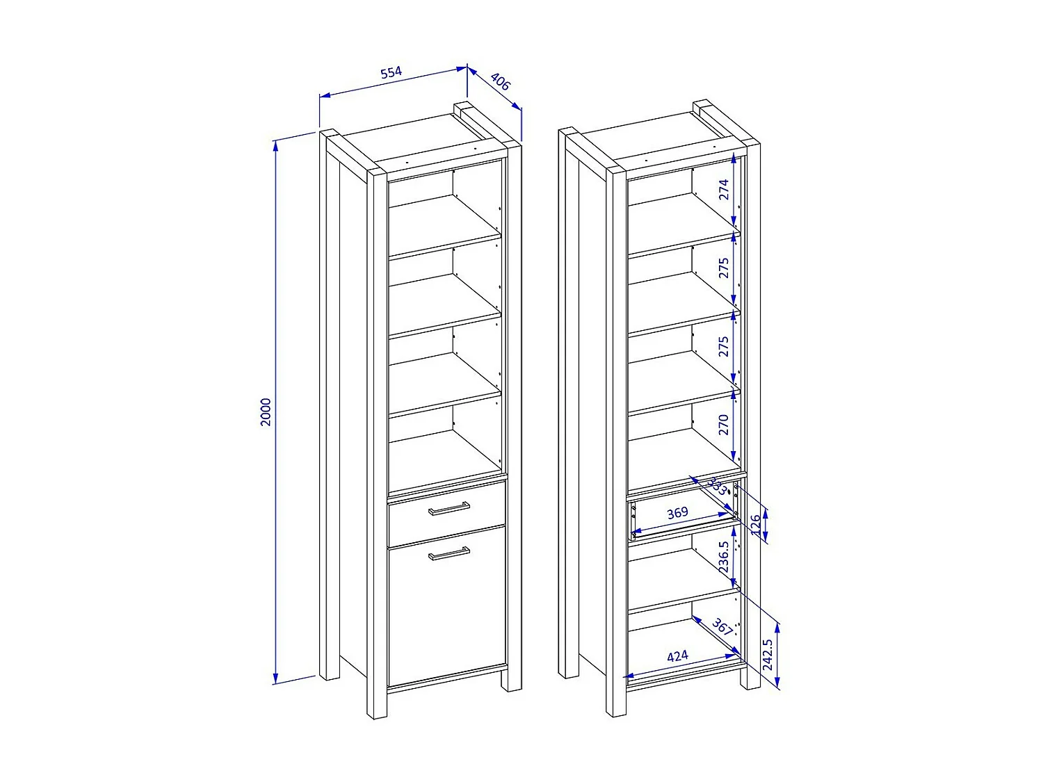 Hoge vitrinekast collectie TIVORA. Kleur eik en zwart. LED inbegrepen