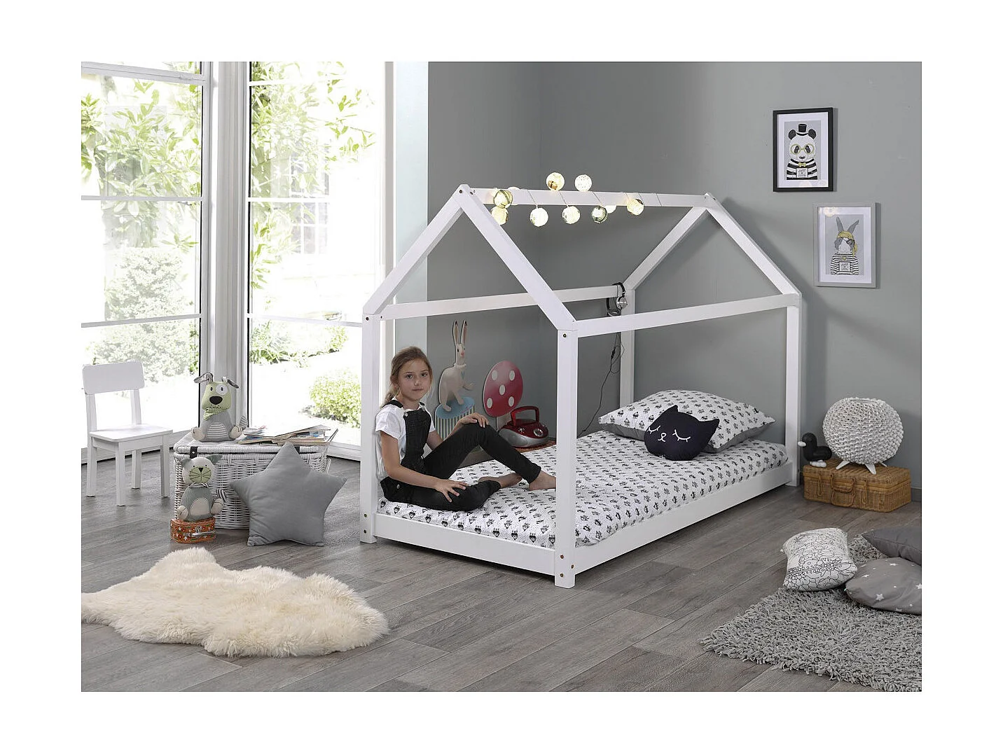 Lit Enfant & Matelas "Cabane" 90x200cm Blanc