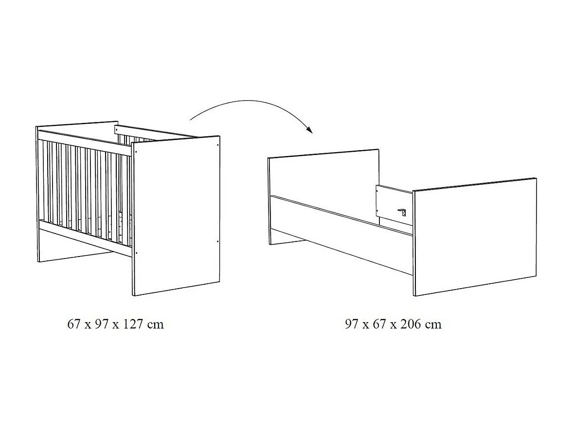 Berço resistente 60x120 que se transforma em cama infantil 90x200 na cor carvalho claro, coleção DANAÉ.