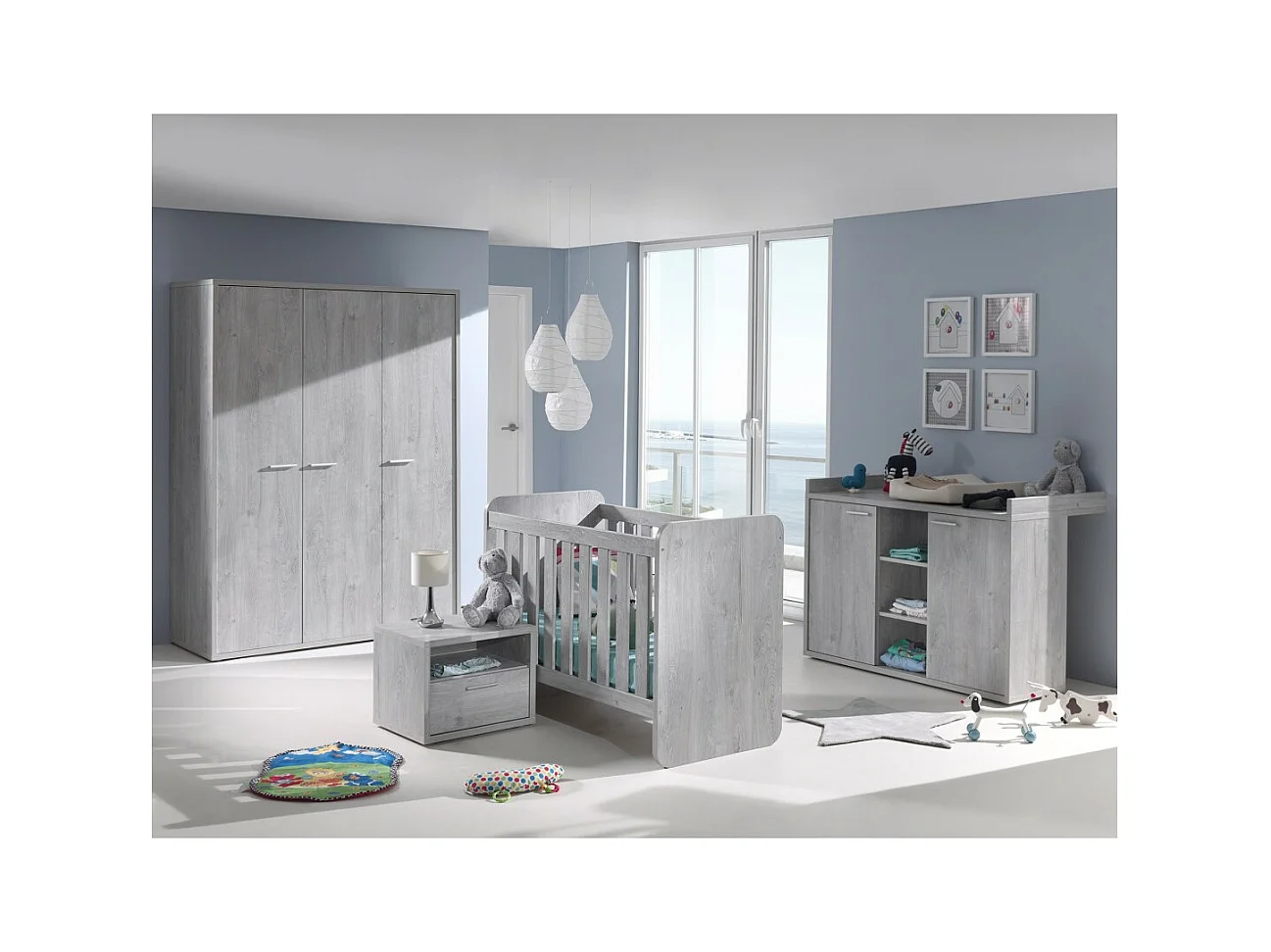 Chambre bébé ou enfant MATHEO, lit 60x120 évolutif en 90x200, armoire, commode à langer et chevet