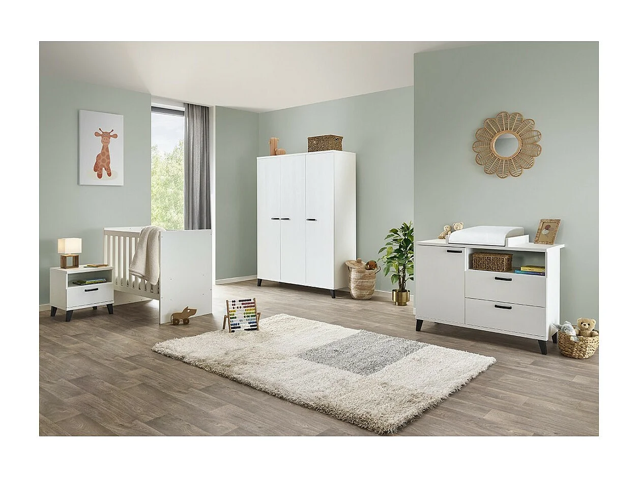 Chambre bébé ou enfant DANAÉ, coloris blanc, lit 60x120 évolutif en 90x200, armoire, commode à langer et chevet