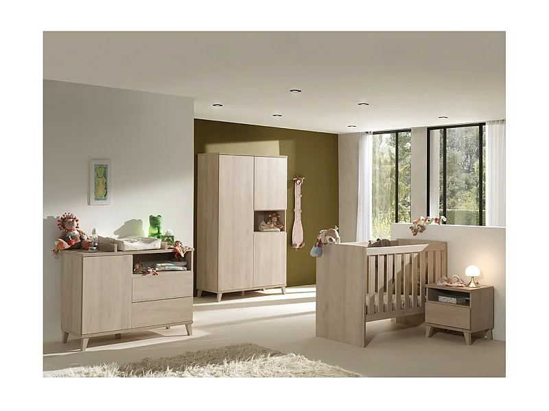 Chambre bébé ou enfant LOUISE, lit 60x120 évolutif en 90x200, armoire, commode à langer et chevet