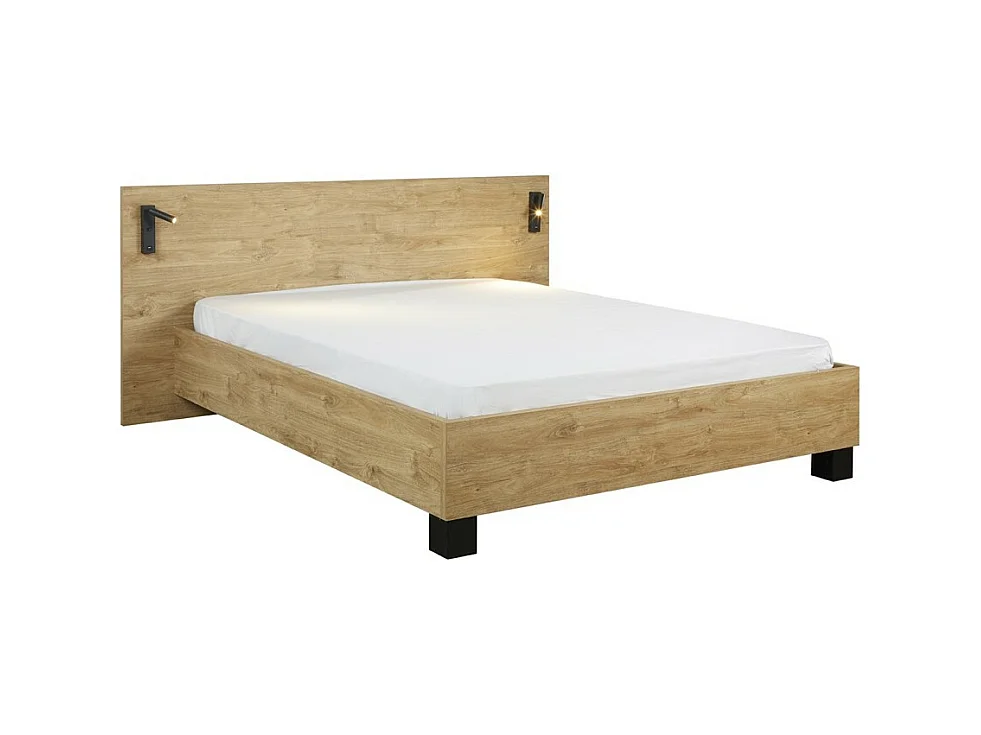 Volwassen bed 140x200 uit de MORGANE collectie met geïntegreerde, verstelbare opbouwverlichting - Gouden eiken kleur.