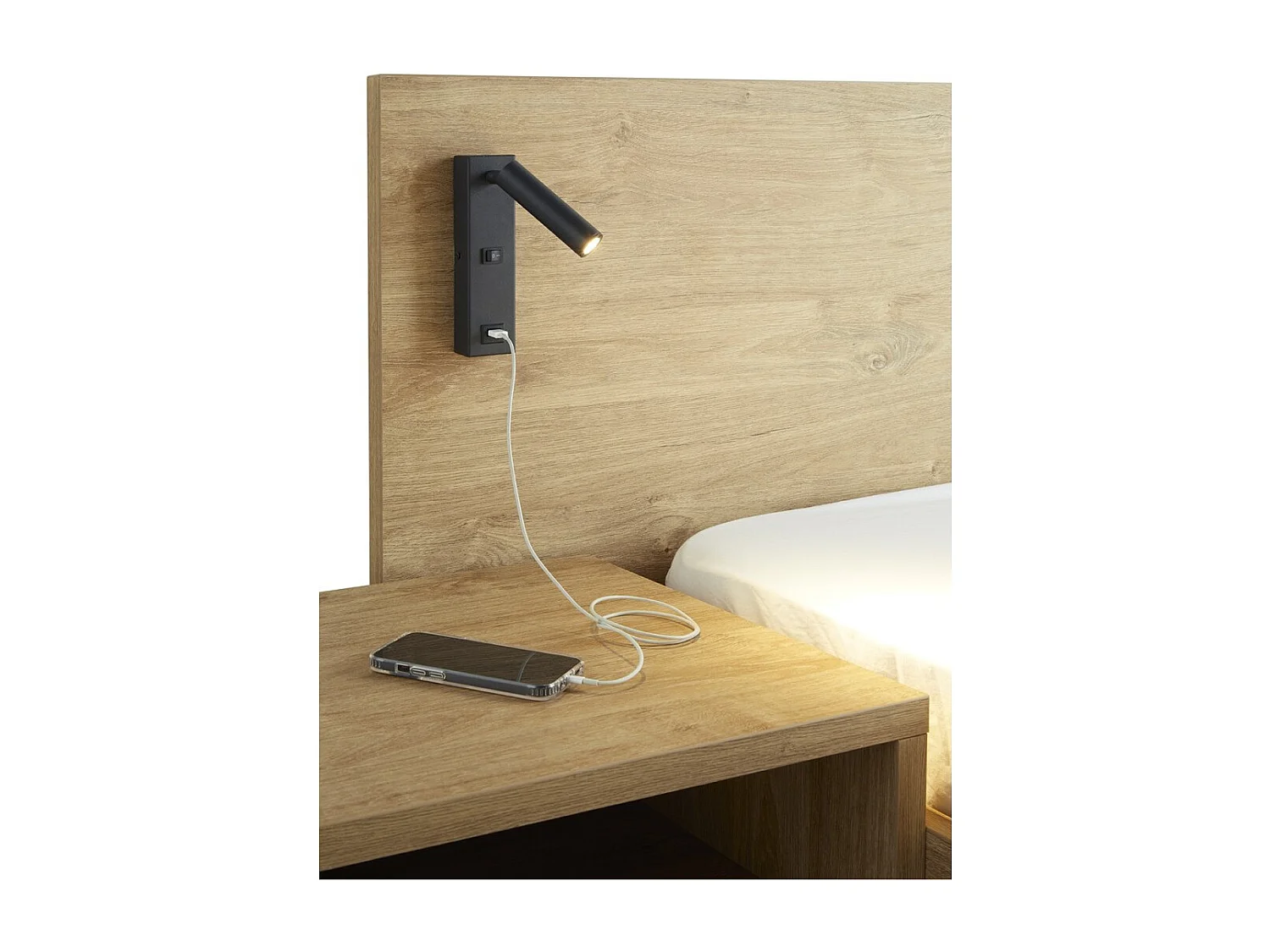 Lit adulte 140x200 collection MORGANE avec éclairage en applique orientable intégré - Coloris chêne doré.