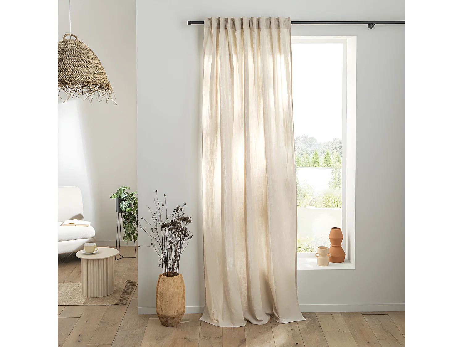 Rideau uni en gaze de coton pattes cachées à l'unité 140x260cm beige