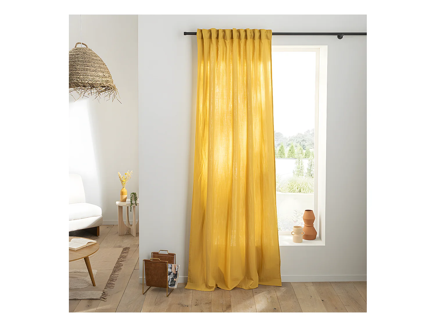 Rideau uni en gaze de coton pattes cachées à l'unité 140x260cm jaune