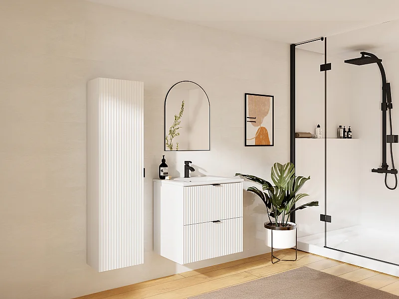 Badhochschrank hängend - Streifenoptik - Weiß matt - H140 cm - ZEVINI