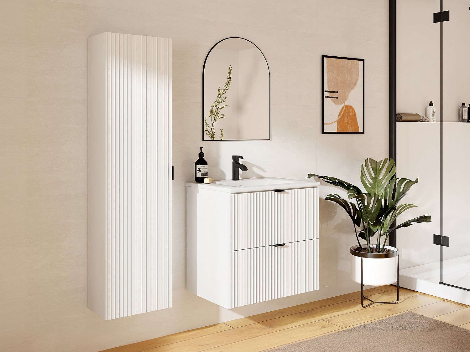 Upphängt ribbat badrumsskåp - Matt vit - H140 cm - ZEVINI