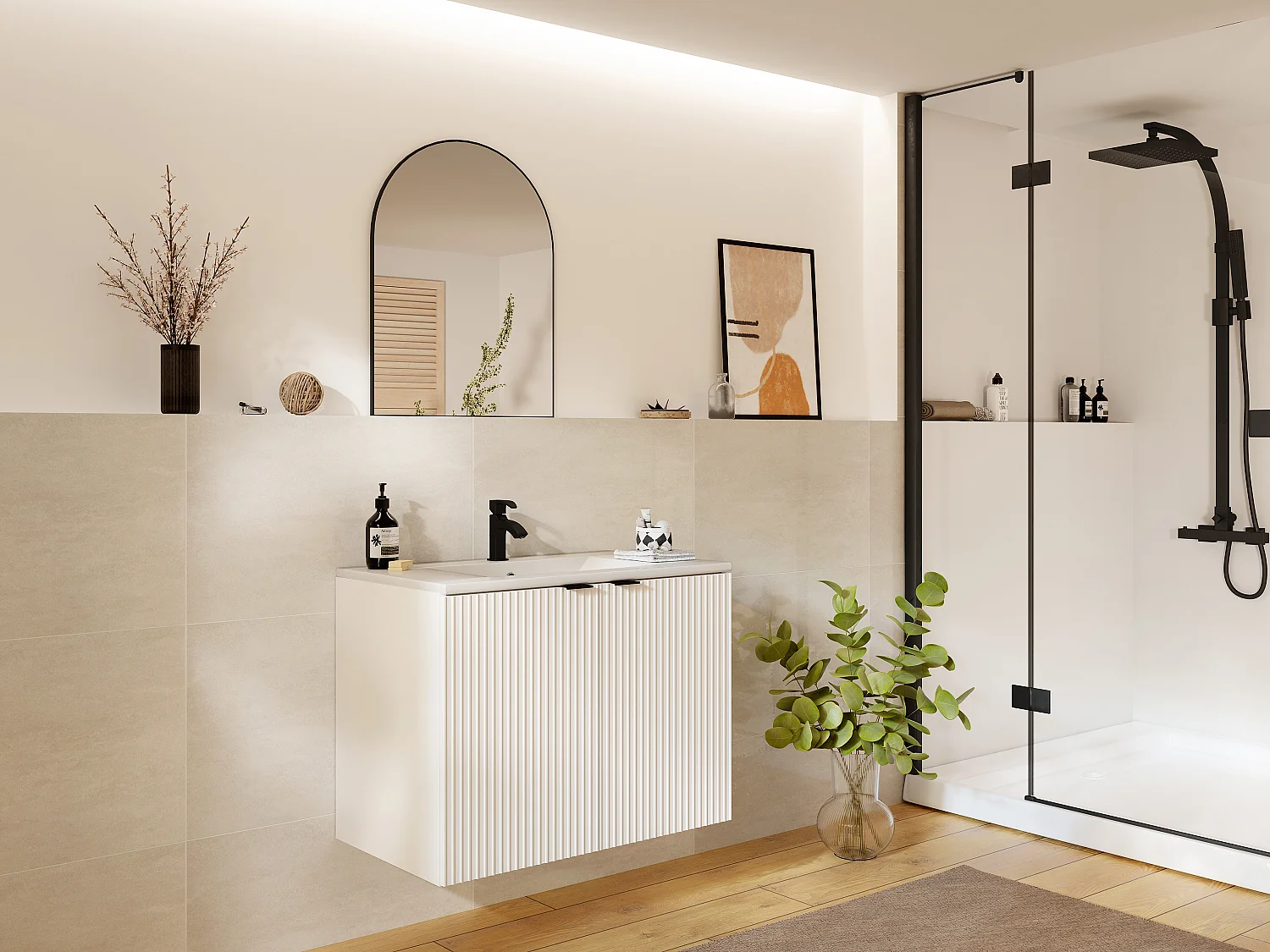 Mueble flotante rayado para lavabo - blanco - 80 cm - PARMIZA