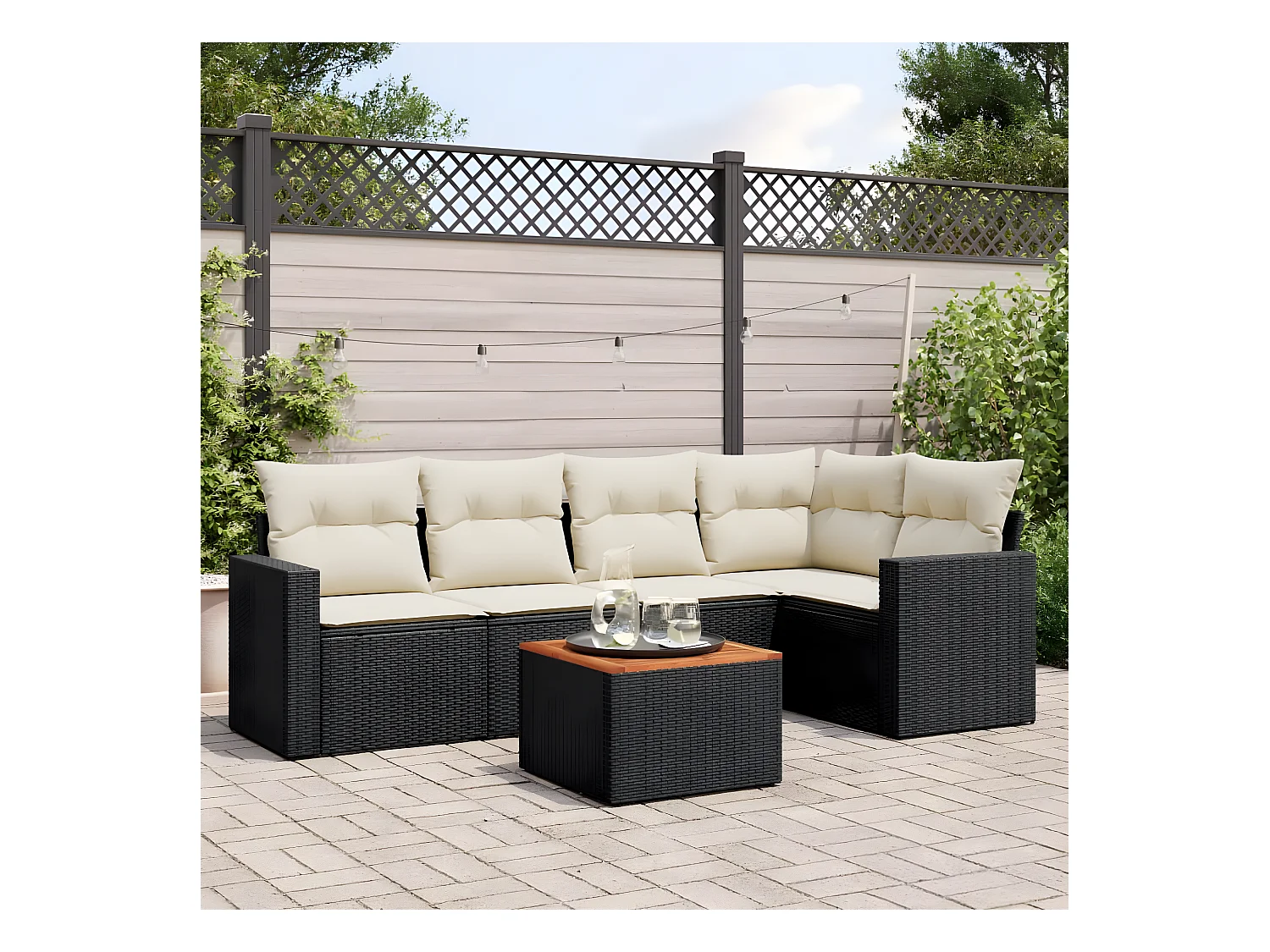 Salon de jardin 6 pcs avec coussins noir résine tressée