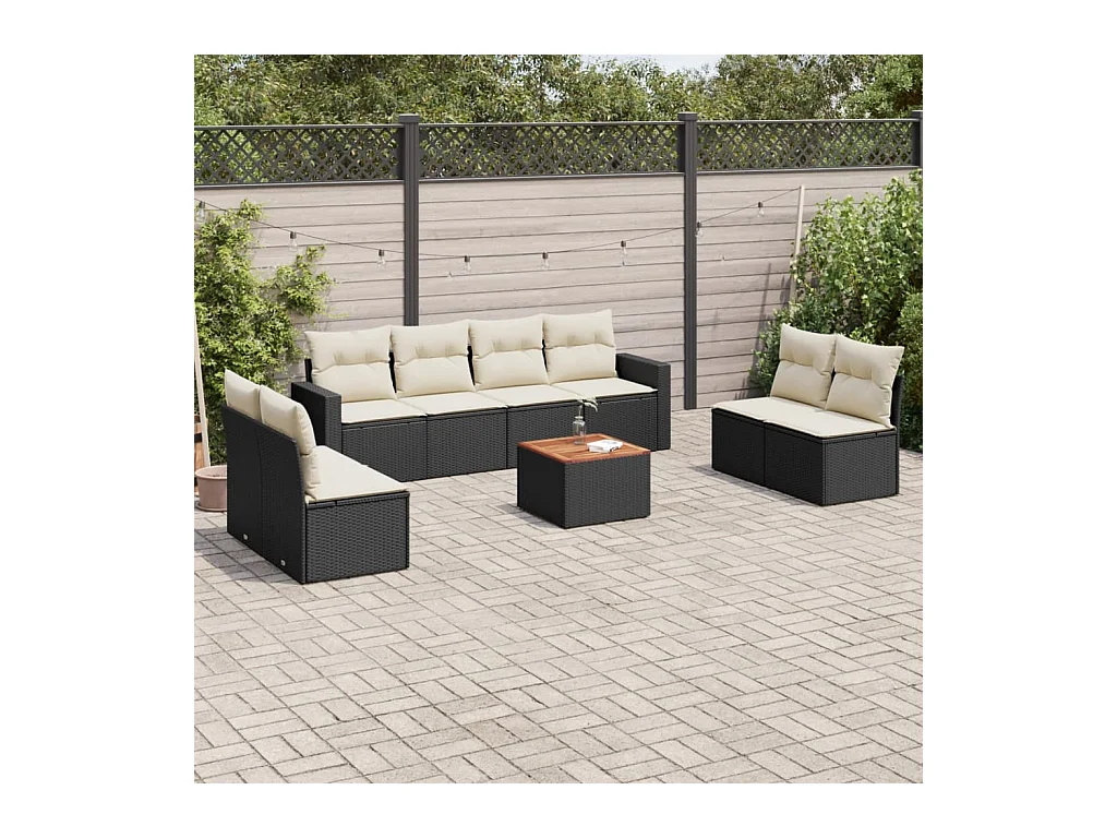 Set Divani da Giardino 9 pz con Cuscini Nero in Polyrattan