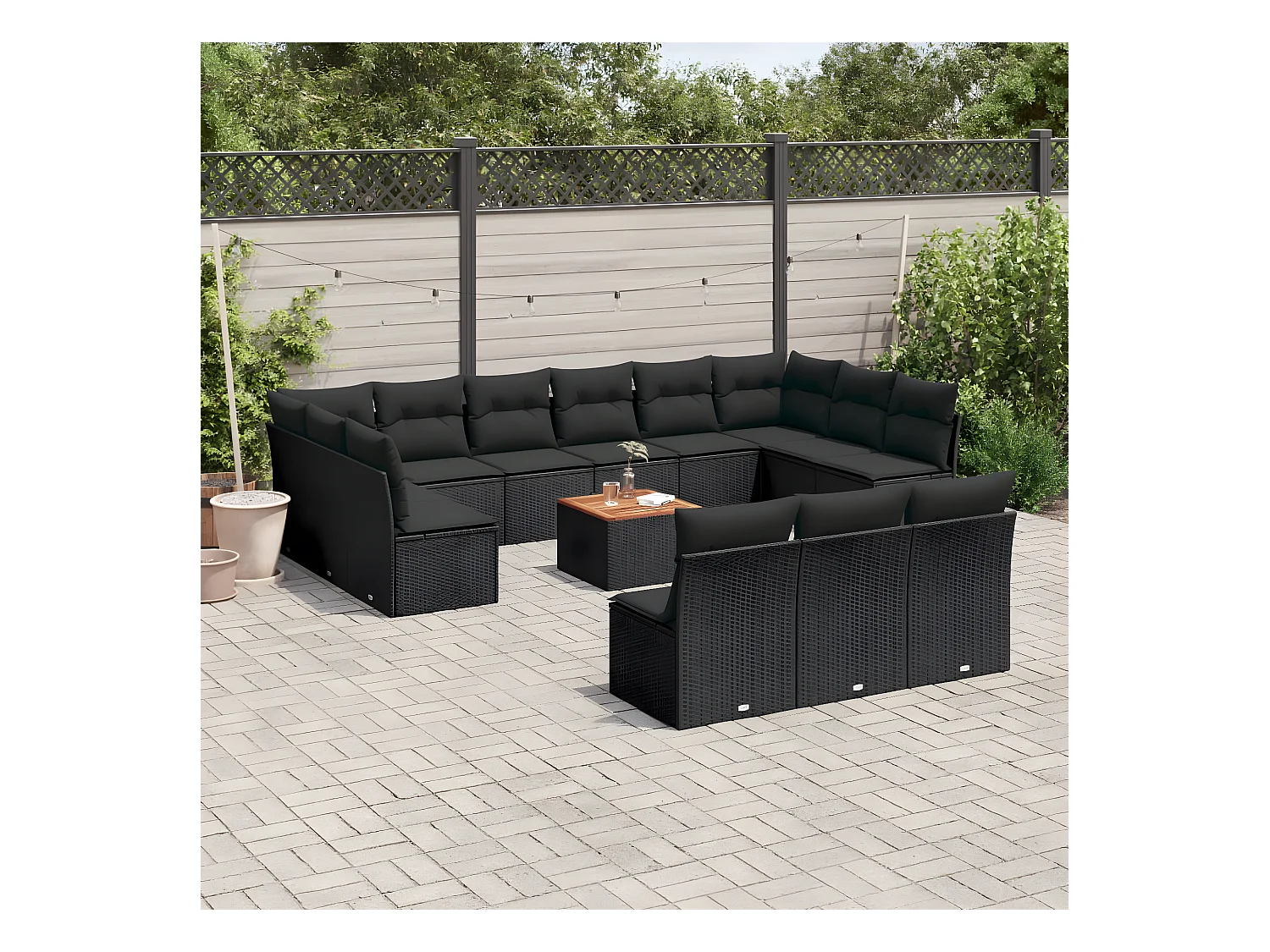 Salon de jardin avec coussins 14 pcs noir résine tressée