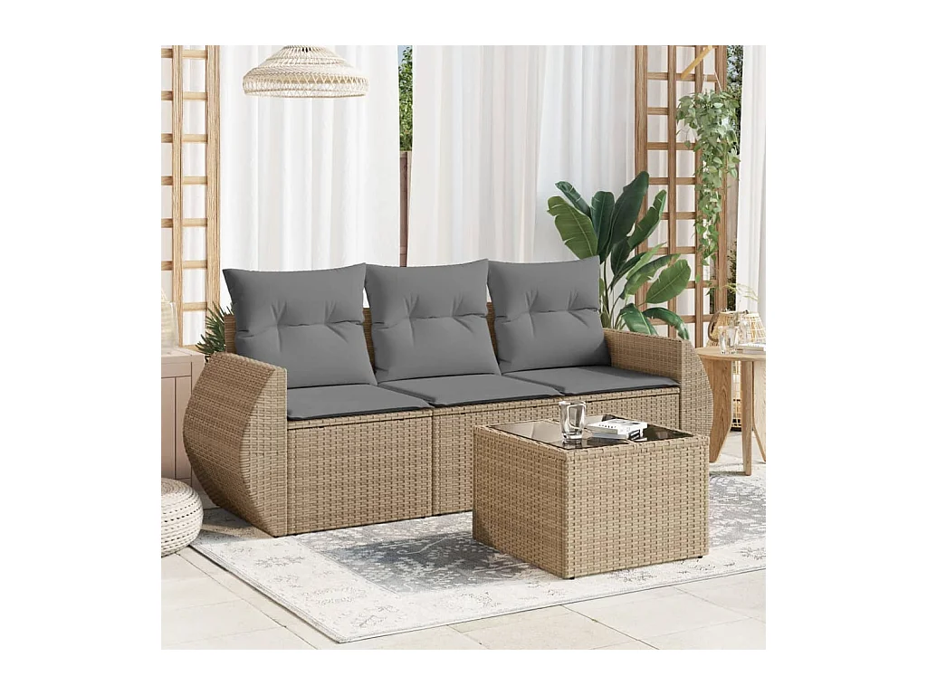 Set Divano da Giardino 4 pz con Cuscini Beige in Polyrattan