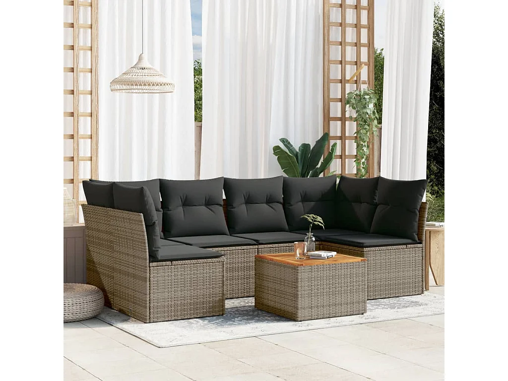 Salon de jardin avec coussins 7 pcs gris résine tressée