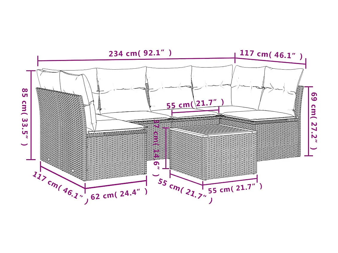 Salon de jardin avec coussins 7 pcs gris résine tressée