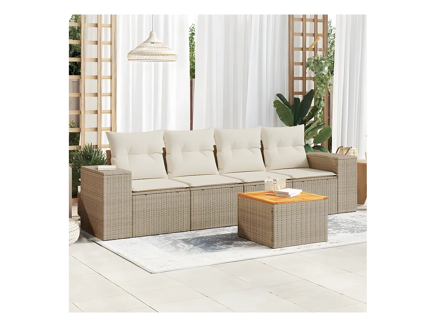 Salon de jardin avec coussins 5 pcs beige résine tressée