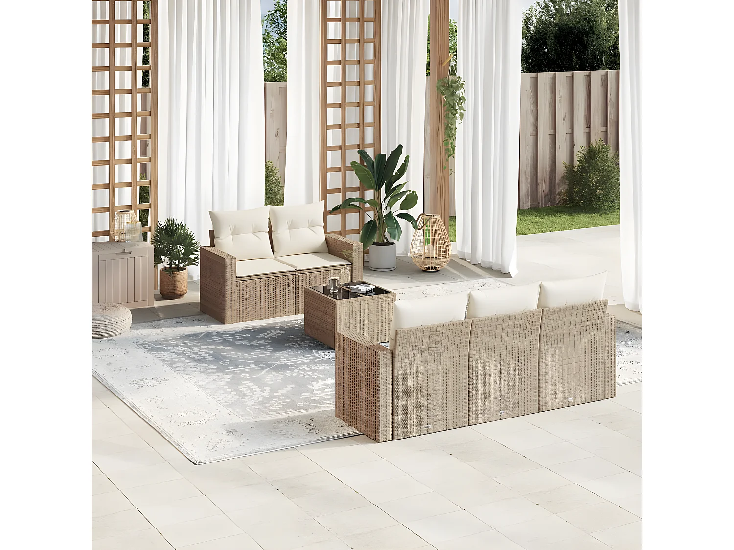 Salon de jardin avec coussins 6 pcs beige résine tressée