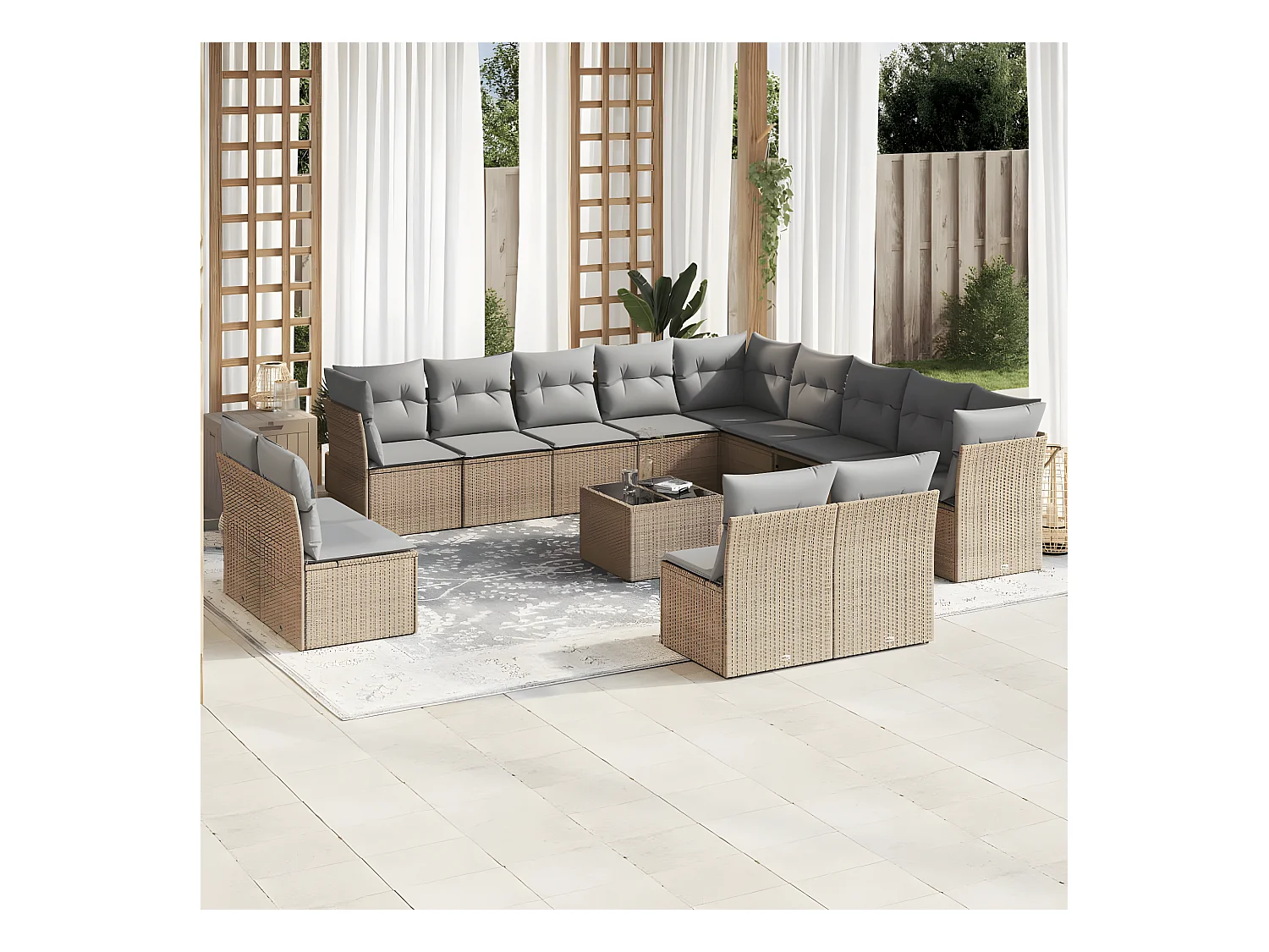 Set sofás de jardín 14 pzas con cojines ratán sintético beige