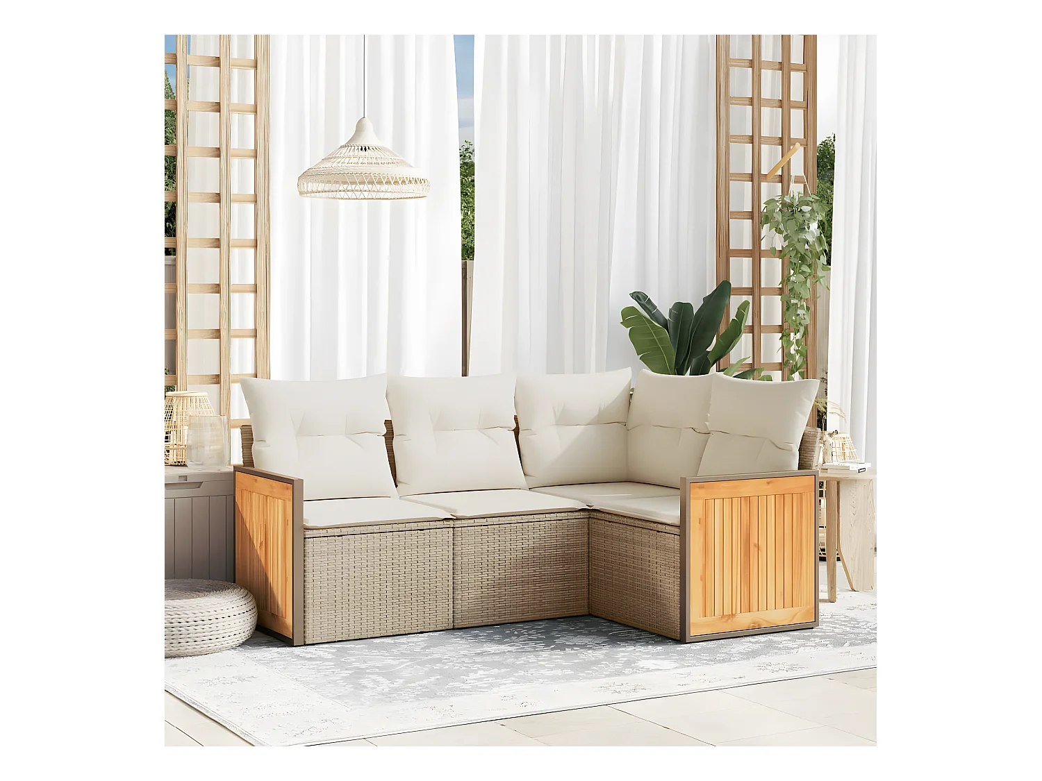 Set Divano da Giardino 4 pz con Cuscini Beige in Polyrattan