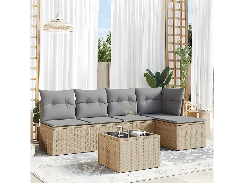 Set Divano da Giardino 6 pz con Cuscini Beige in Polyrattan