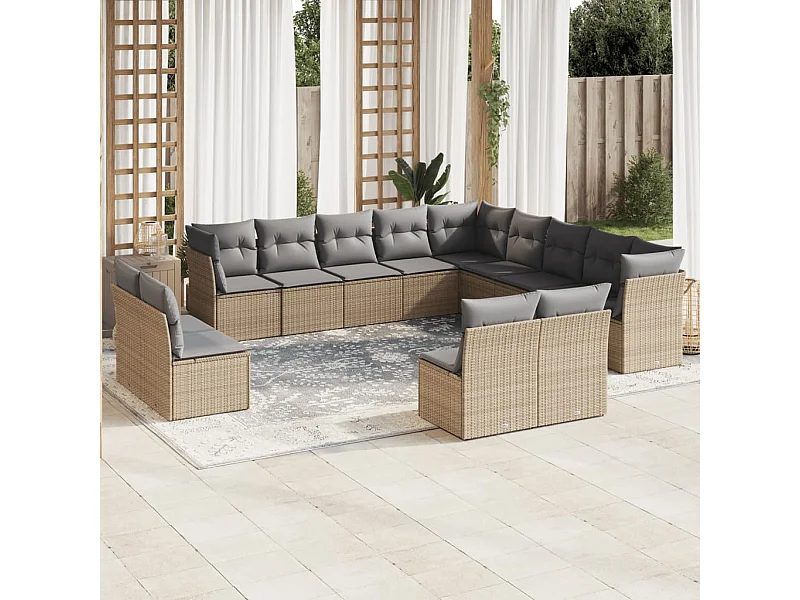 Set Divano da Giardino 13 pz con Cuscini Beige in Polyrattan