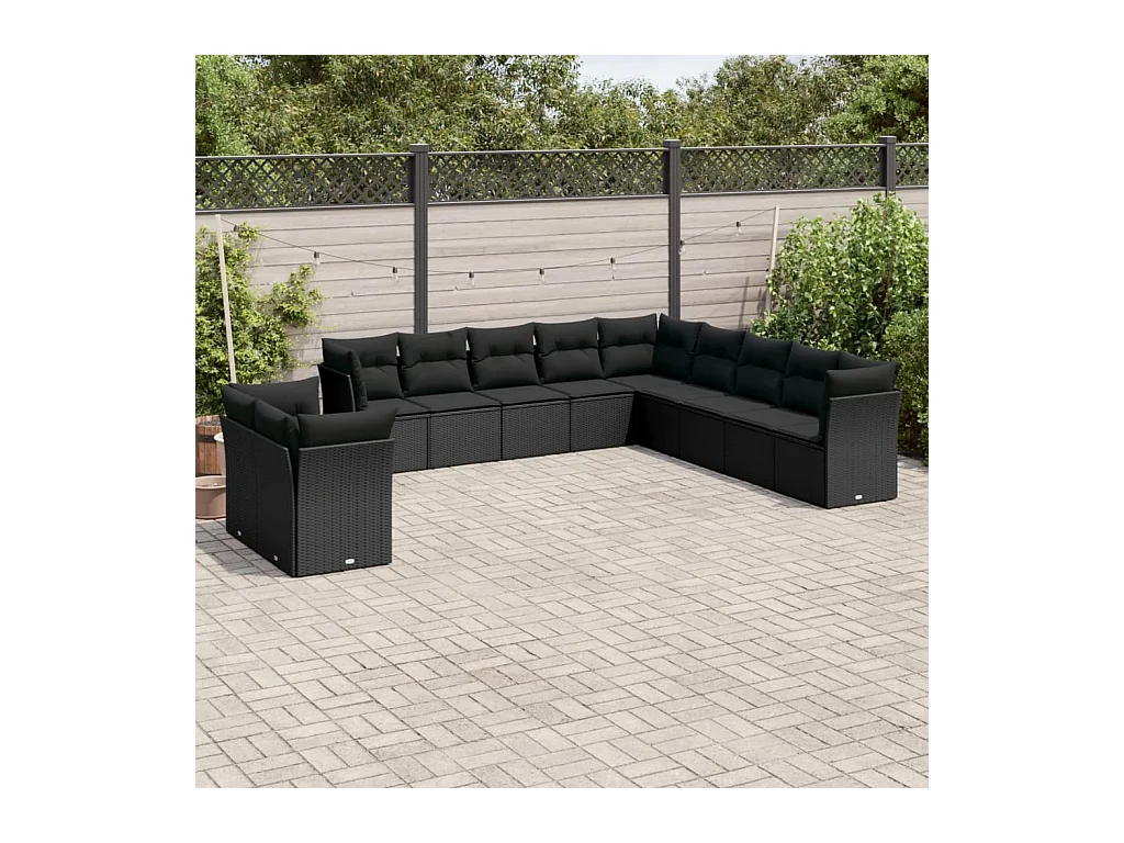 Salon de jardin 11 pcs avec coussins noir résine tressée
