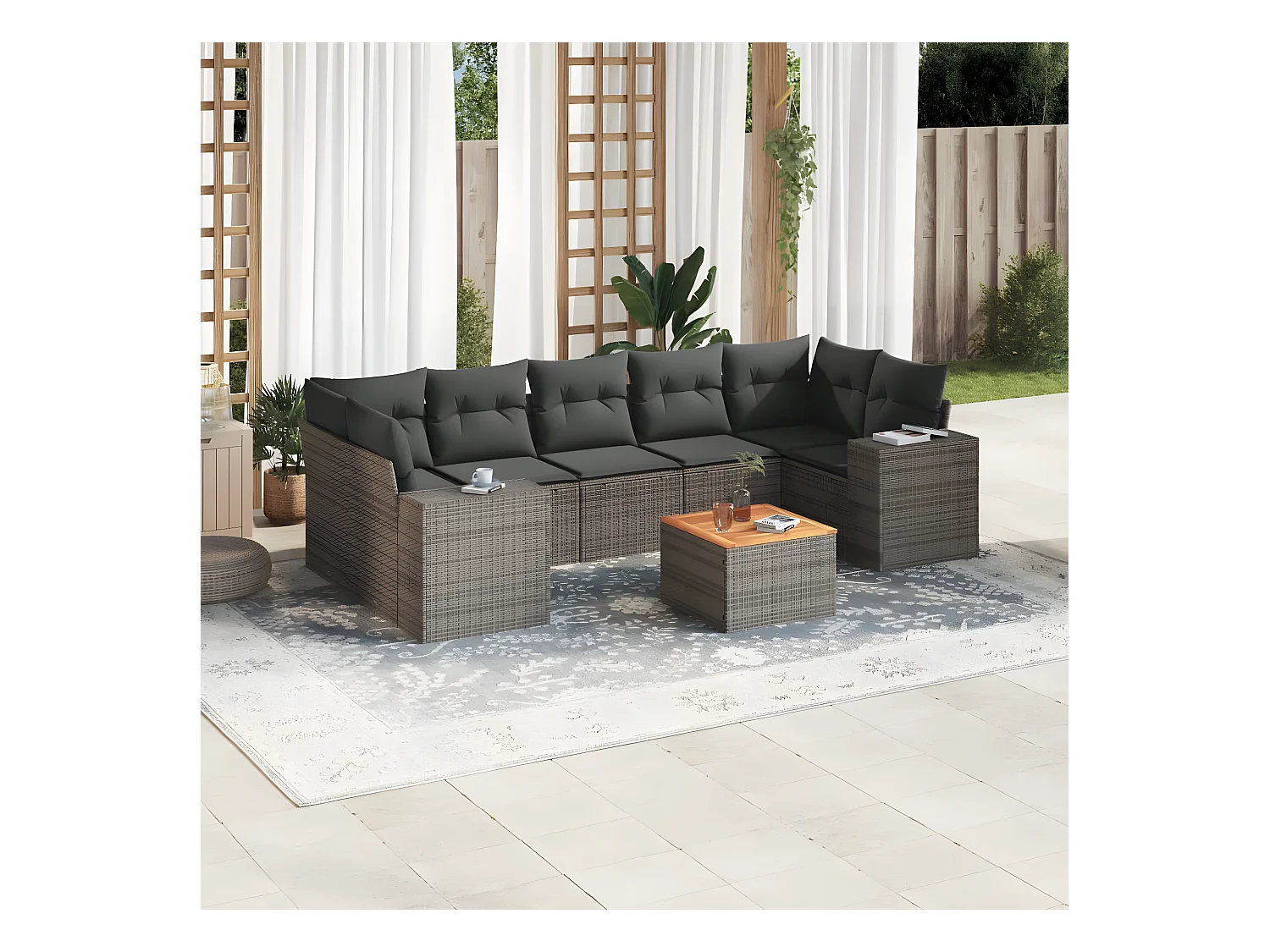 Salon de jardin 8 pcs avec coussins gris résine tressée