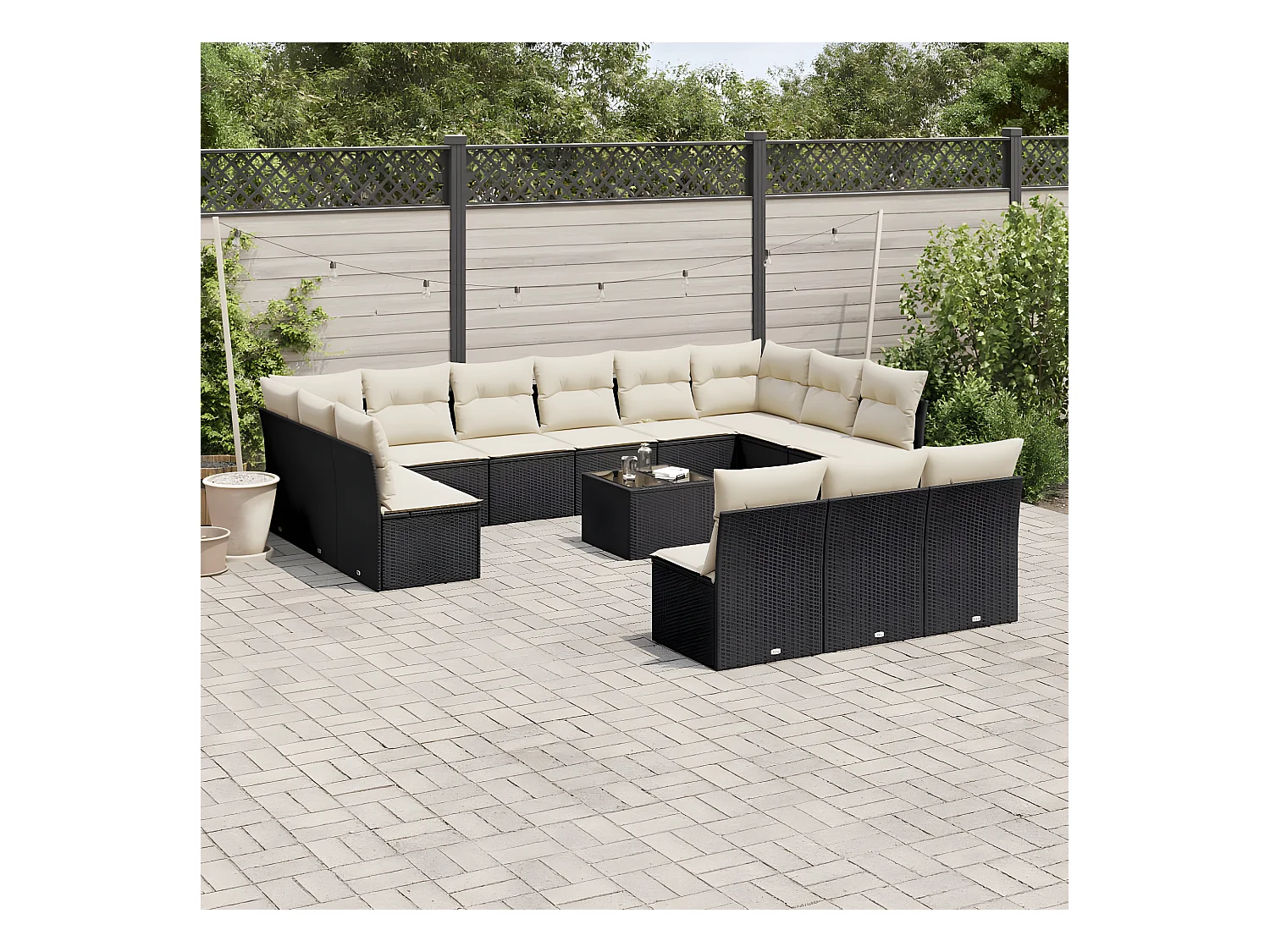 Salon de jardin avec coussins 14 pcs noir résine tressée