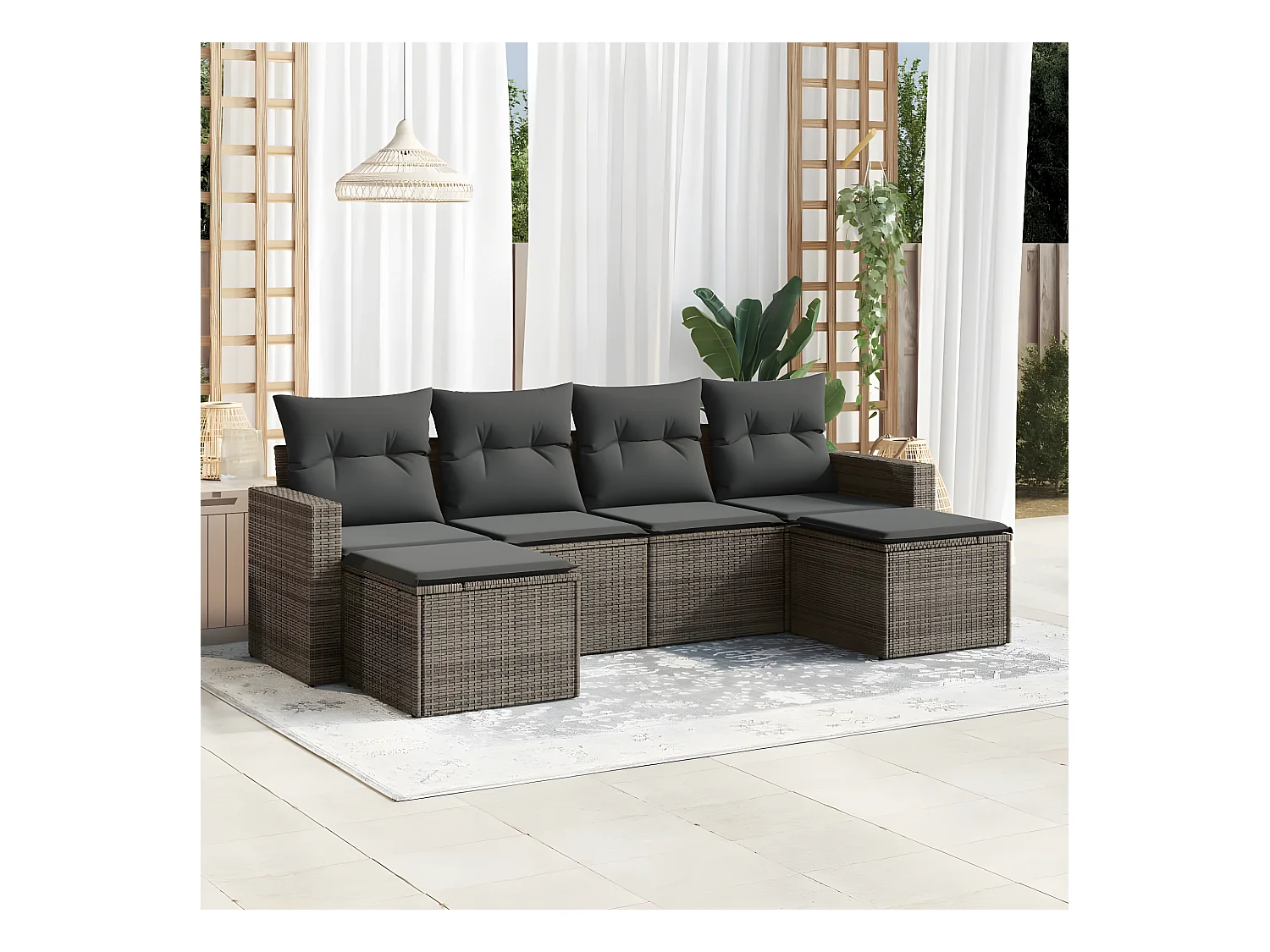 Salon de jardin 6 pcs avec coussins gris résine tressée