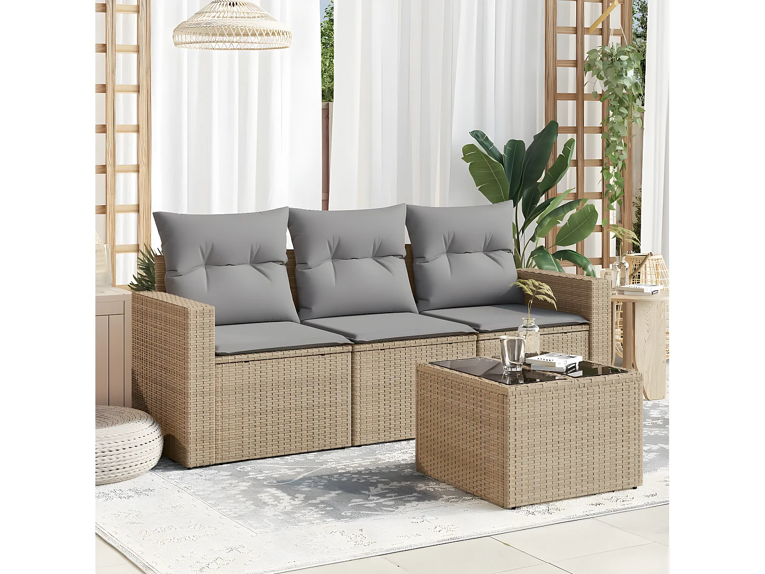 Salon de jardin avec coussins 4 pcs beige résine tressée