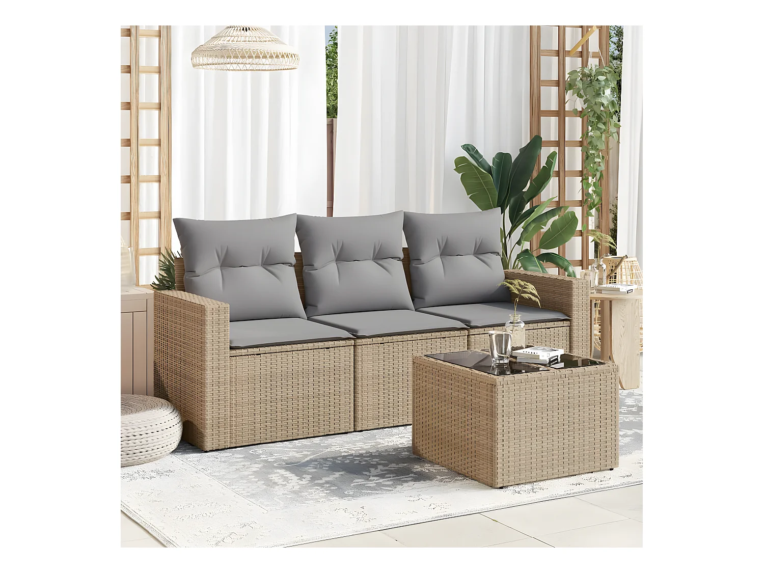 4-delige Loungeset met kussens poly rattan beige