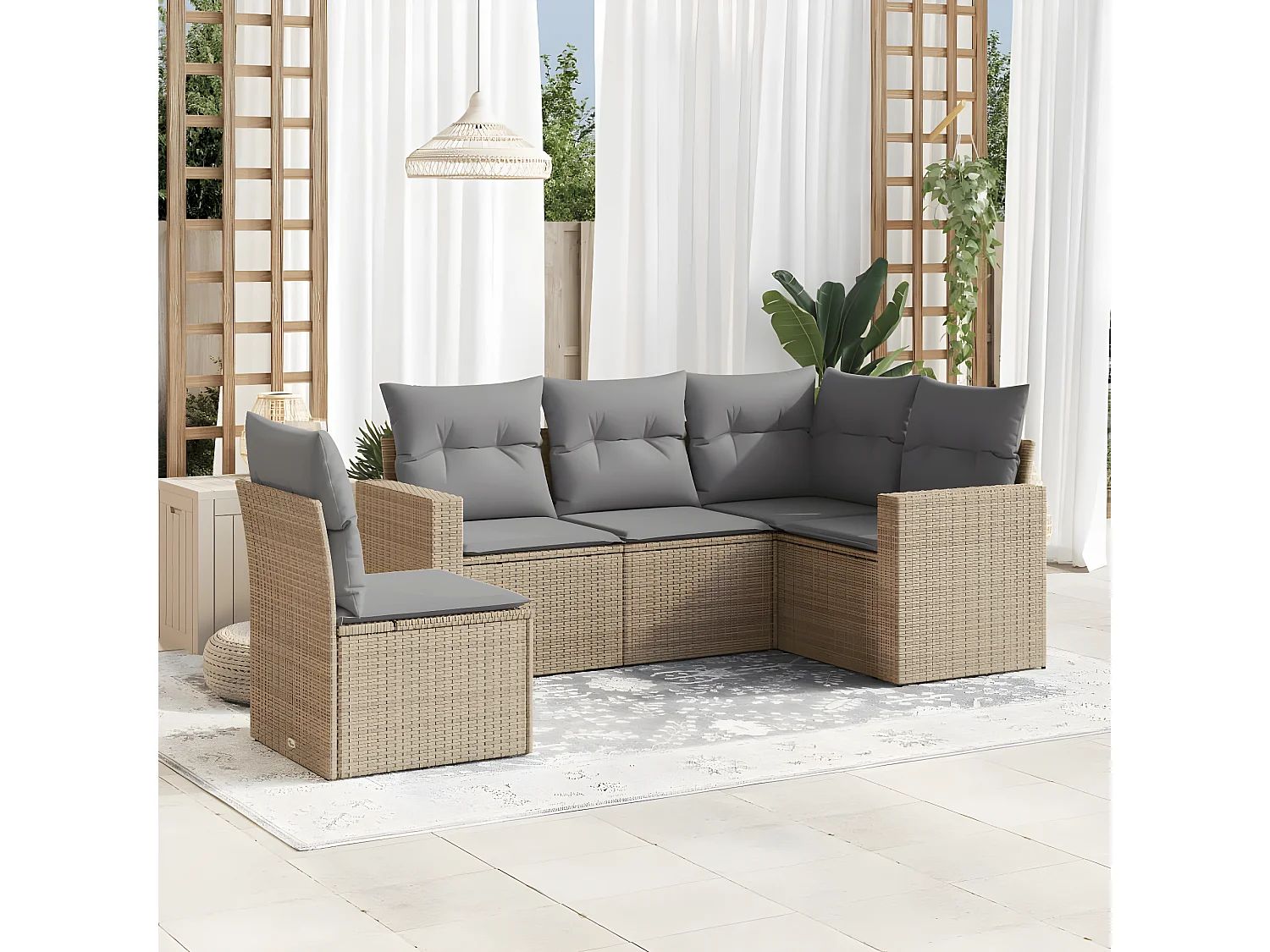 Salon de jardin avec coussins 5 pcs beige résine tressée