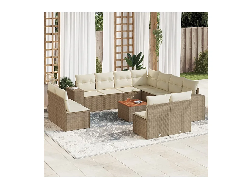 Salon de jardin avec coussins 12 pcs beige résine tressée