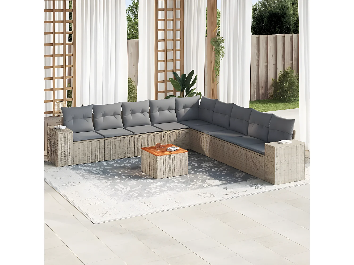 10 pcs conjunto de sofás p/ jardim com almofadões vime PE bege