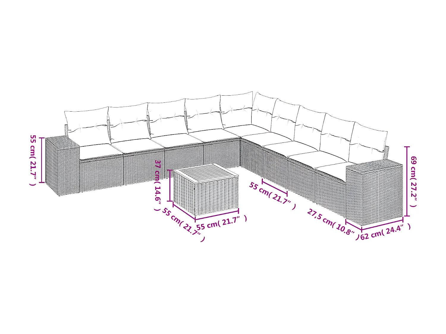 10 pcs conjunto de sofás p/ jardim com almofadões vime PE bege