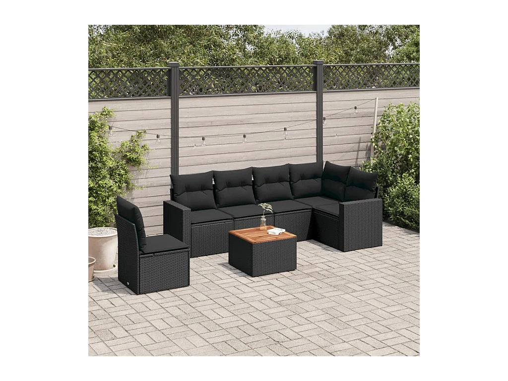 Salon de jardin 7 pcs avec coussins noir résine tressée