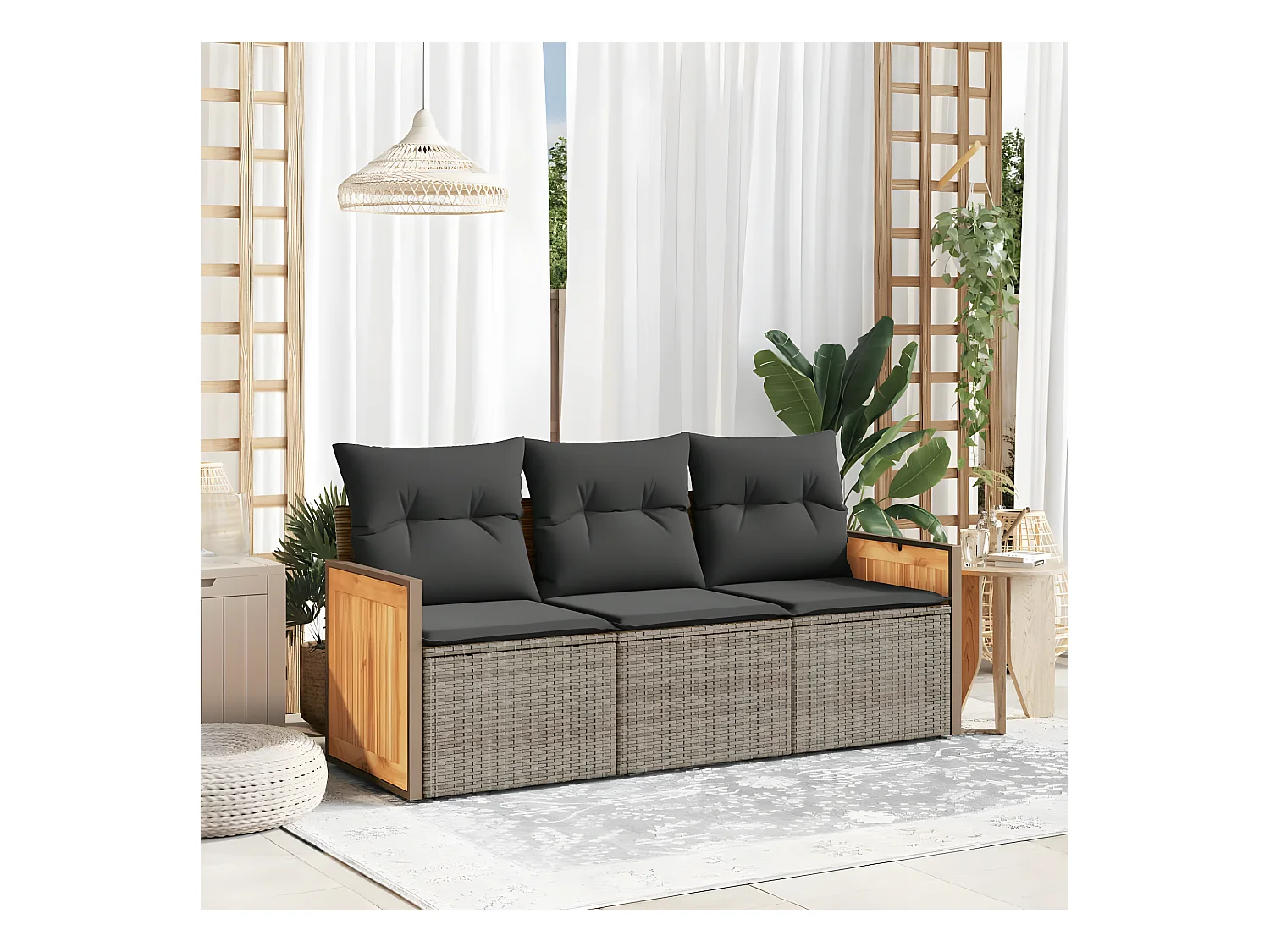 3-tlg. Garten-Sofagarnitur mit Kissen Grau Poly Rattan