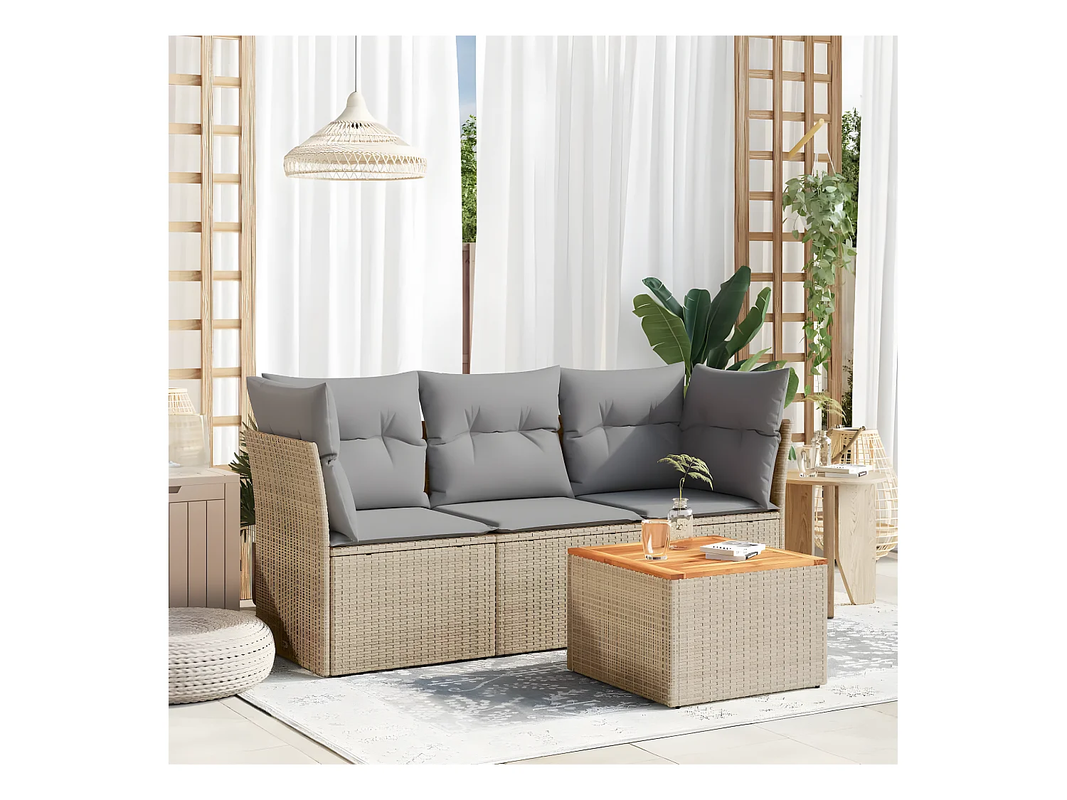 Set Divano da Giardino 4 pz con Cuscini Beige in Polyrattan