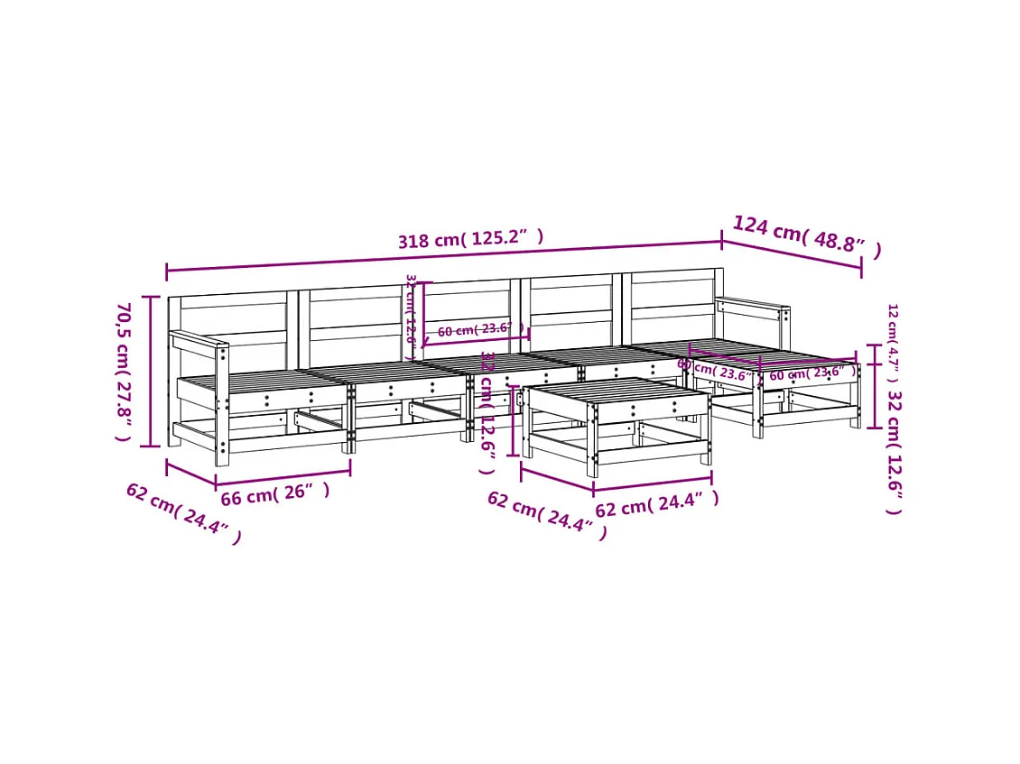 Set Salotto da Giardino 7 pz Bianco in Legno Massello di Pino